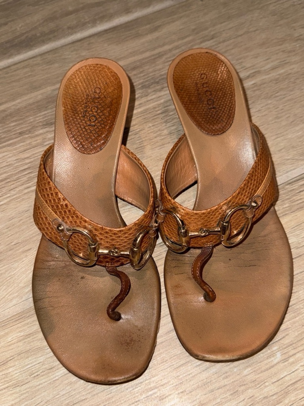 Gucci Tan Leather Slide Sandals with Gold Horsebit